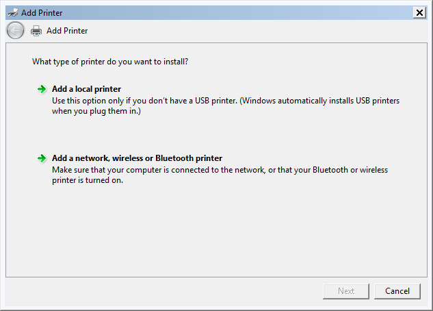 Add Printer Wizard on Windows 7 - step 1
