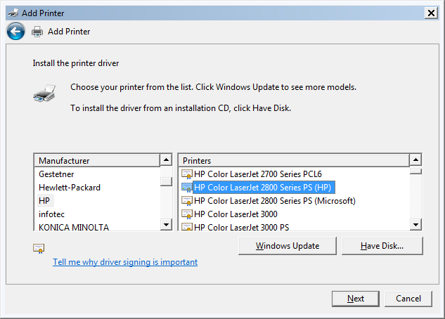 Add Printer Wizard on Windows 7 - step 3